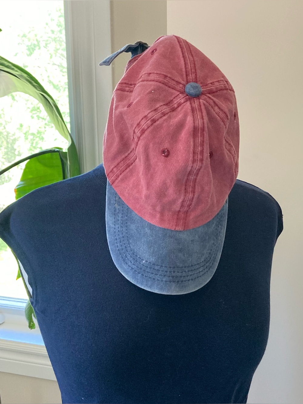 Sun-faded red and blue baseball cap